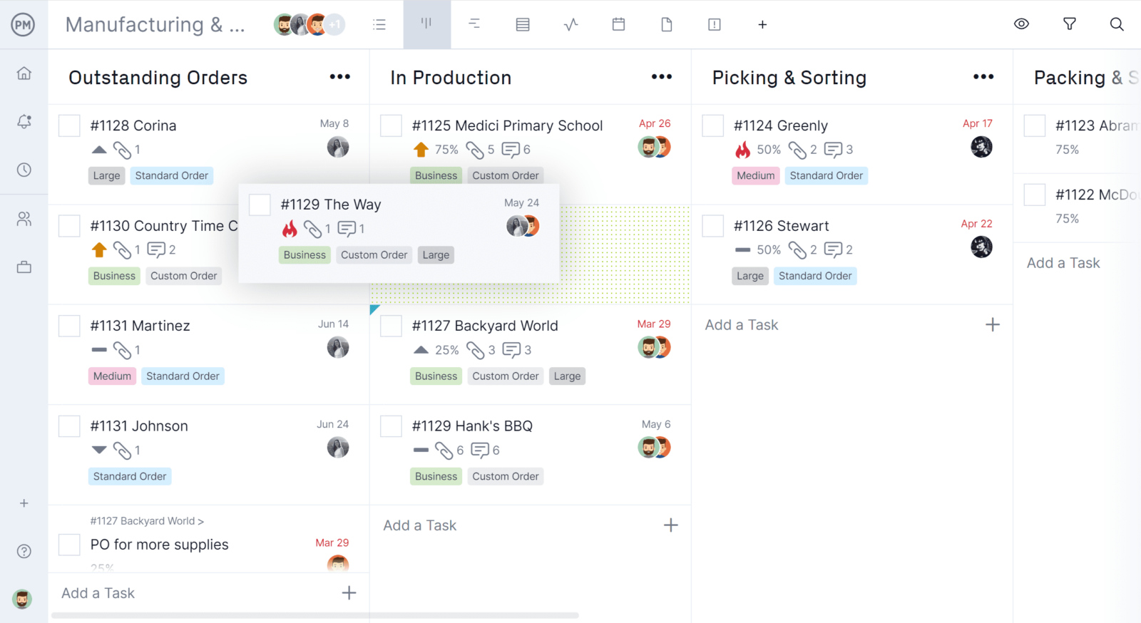 Kanban board with moving task card ProjectManager