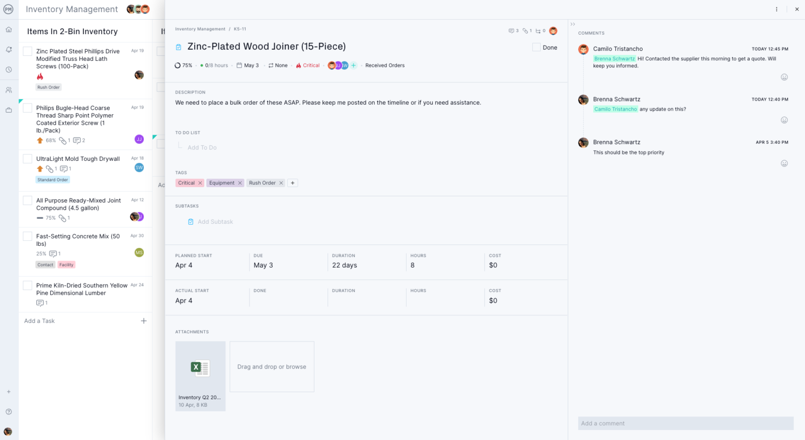 Kanban board with task card open for inventory management