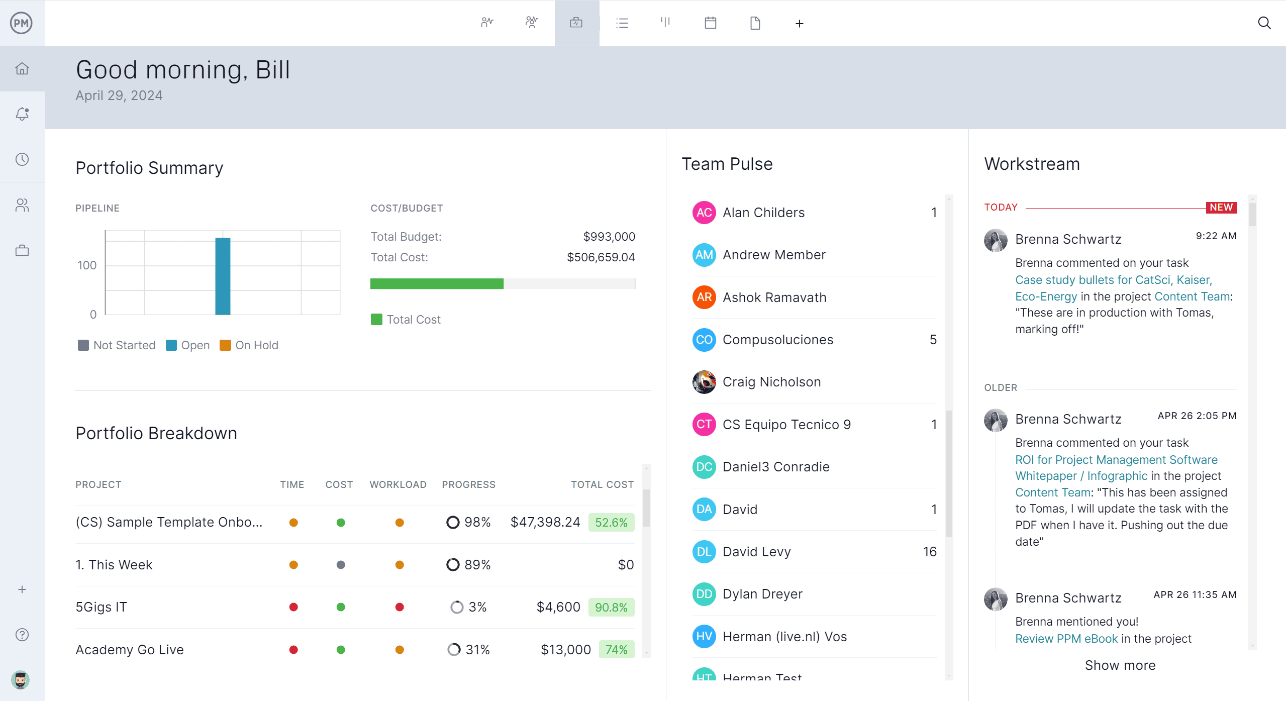 ProjectManager's project portfolio management summary page