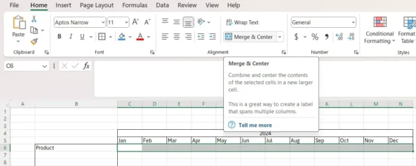 merge cells to create the rows where you'll place the task bars of your Excel timeline template