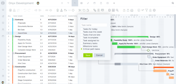 ProjectManager's Gantt chart with filter selecting critical path