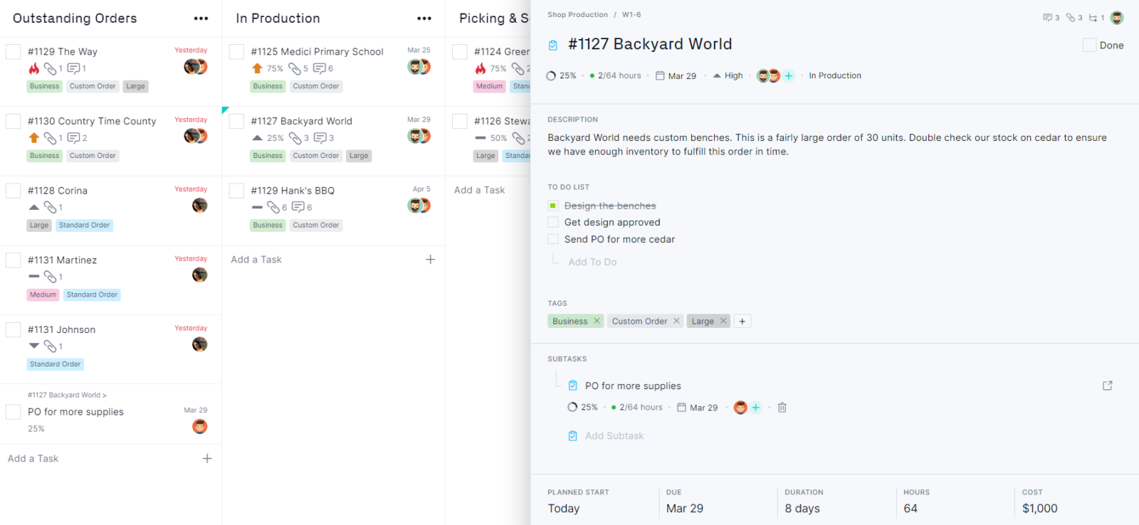 Kanban board with task card popup ProjectManager