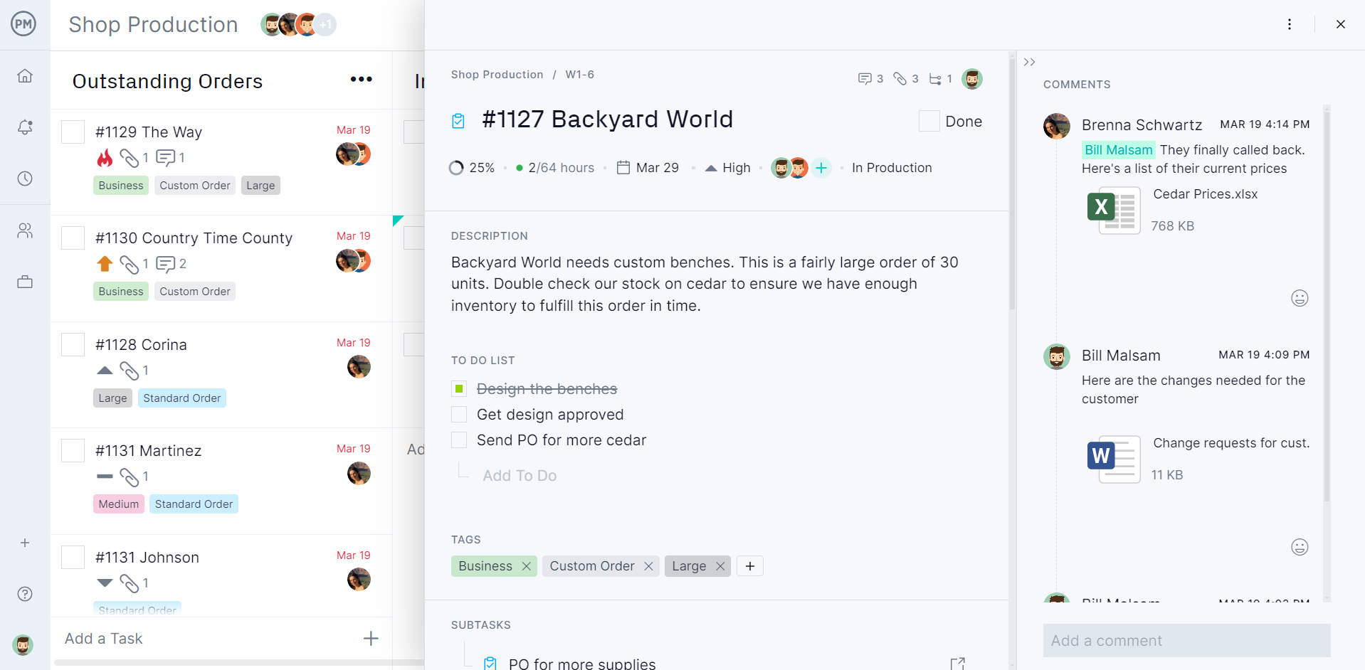 ProjectManager's kanban board with task card