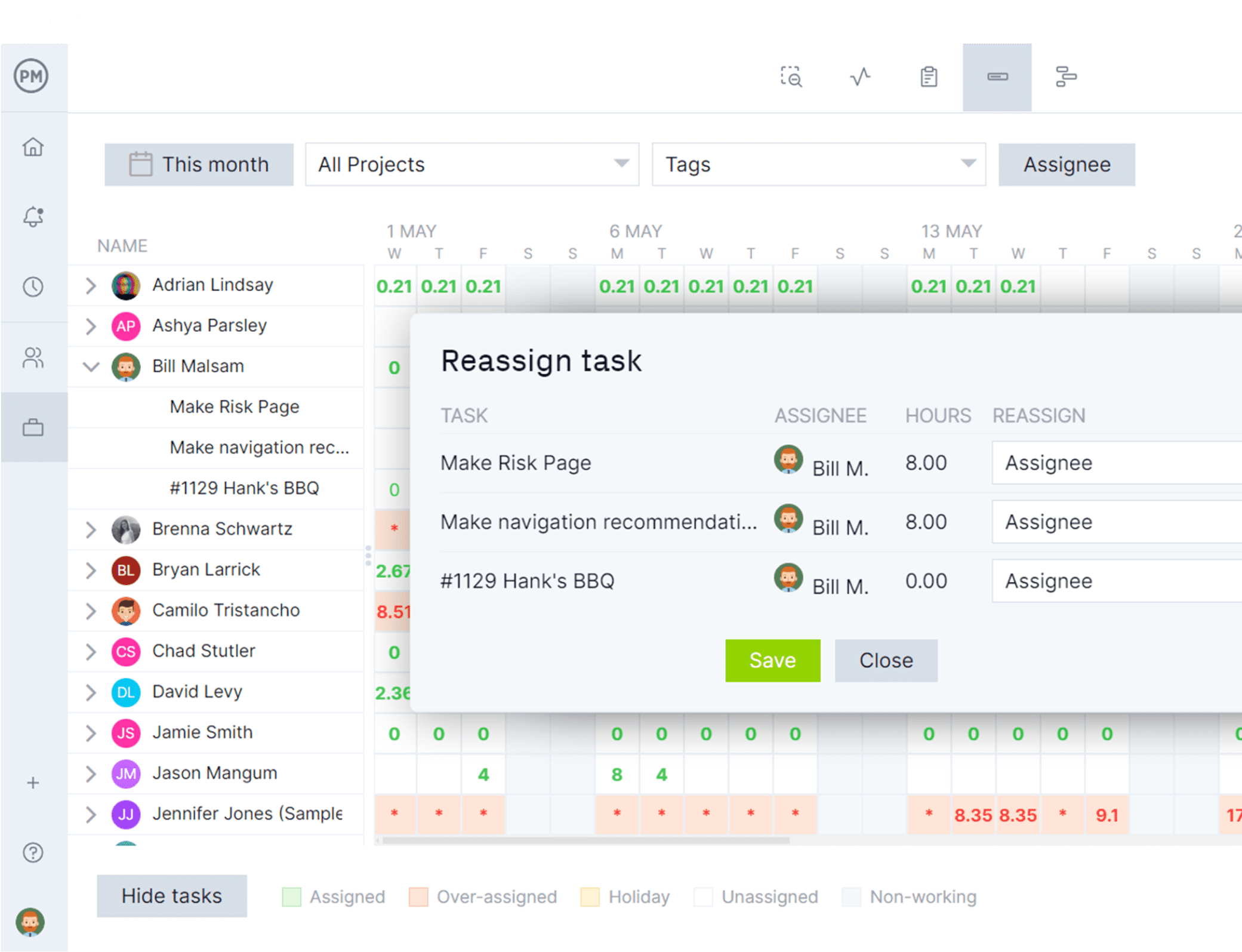 Team Management Software with a list view with a task overlay