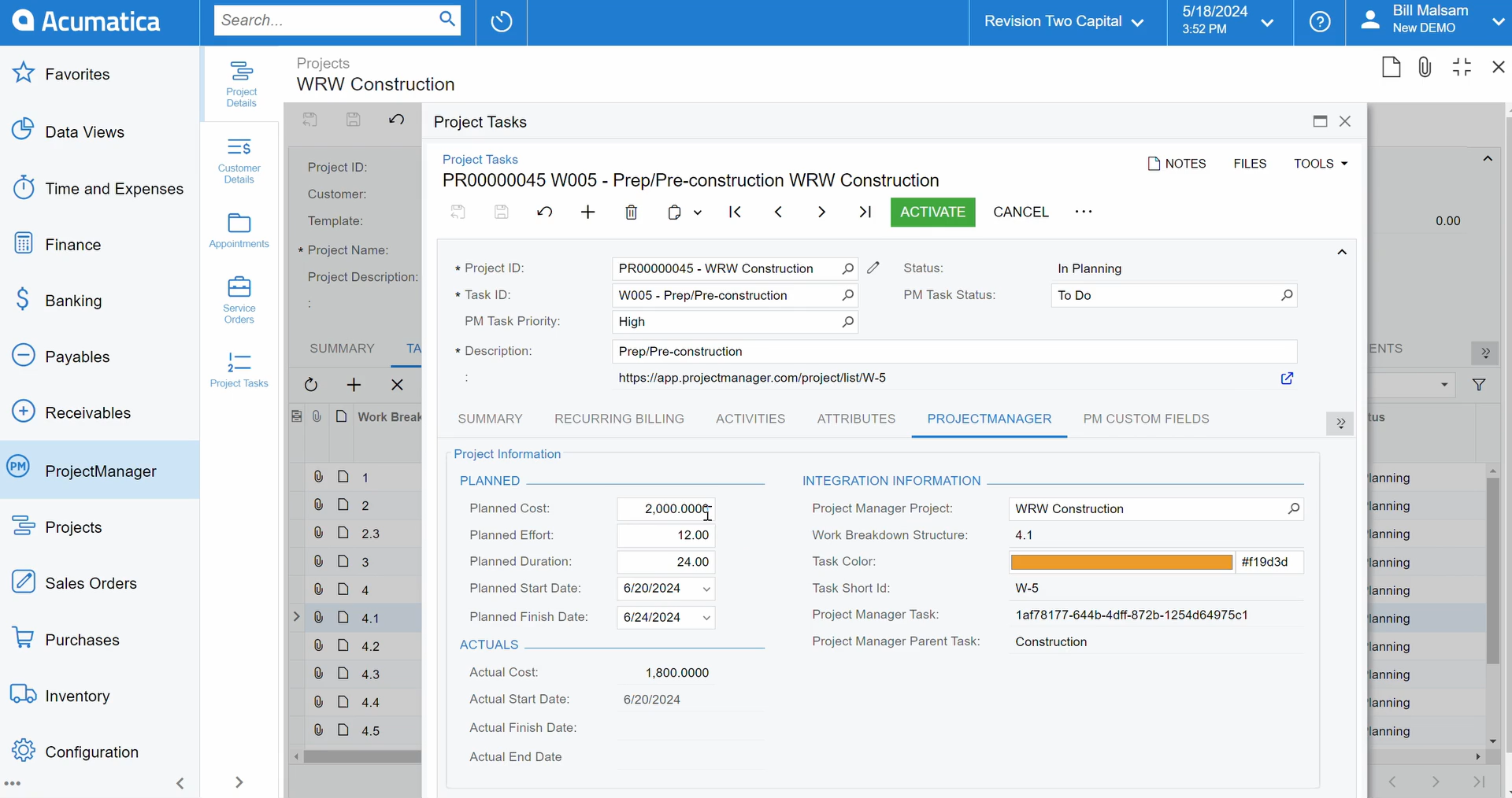 ProjectManager integration with Acumatica