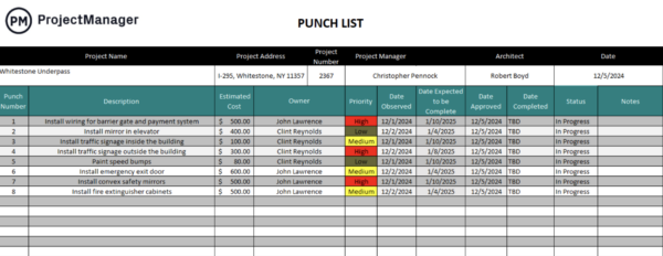 Punch list template for Excel