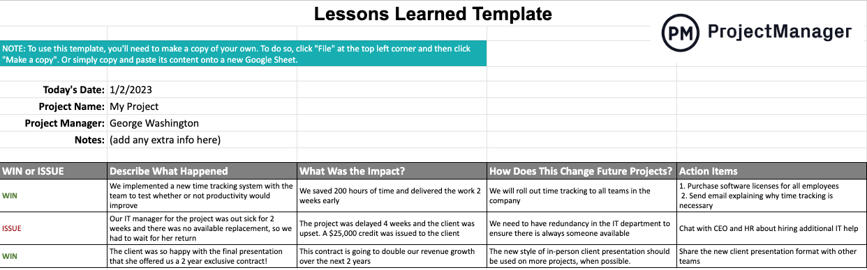 Lessons learned template for Google Sheets