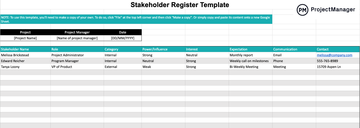 Stakeholder register template for Google Sheets