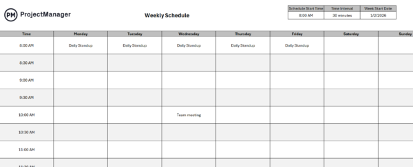 ProjectManager's weekly schedule template for Excel