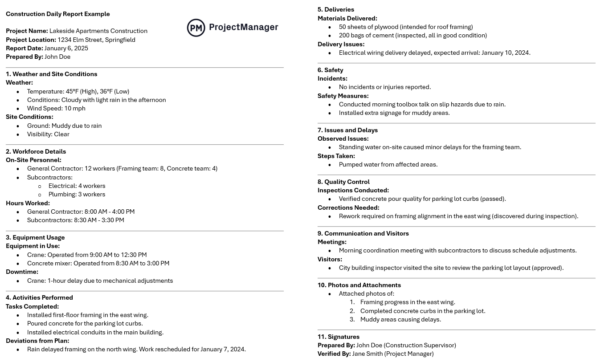 Construction daily report example