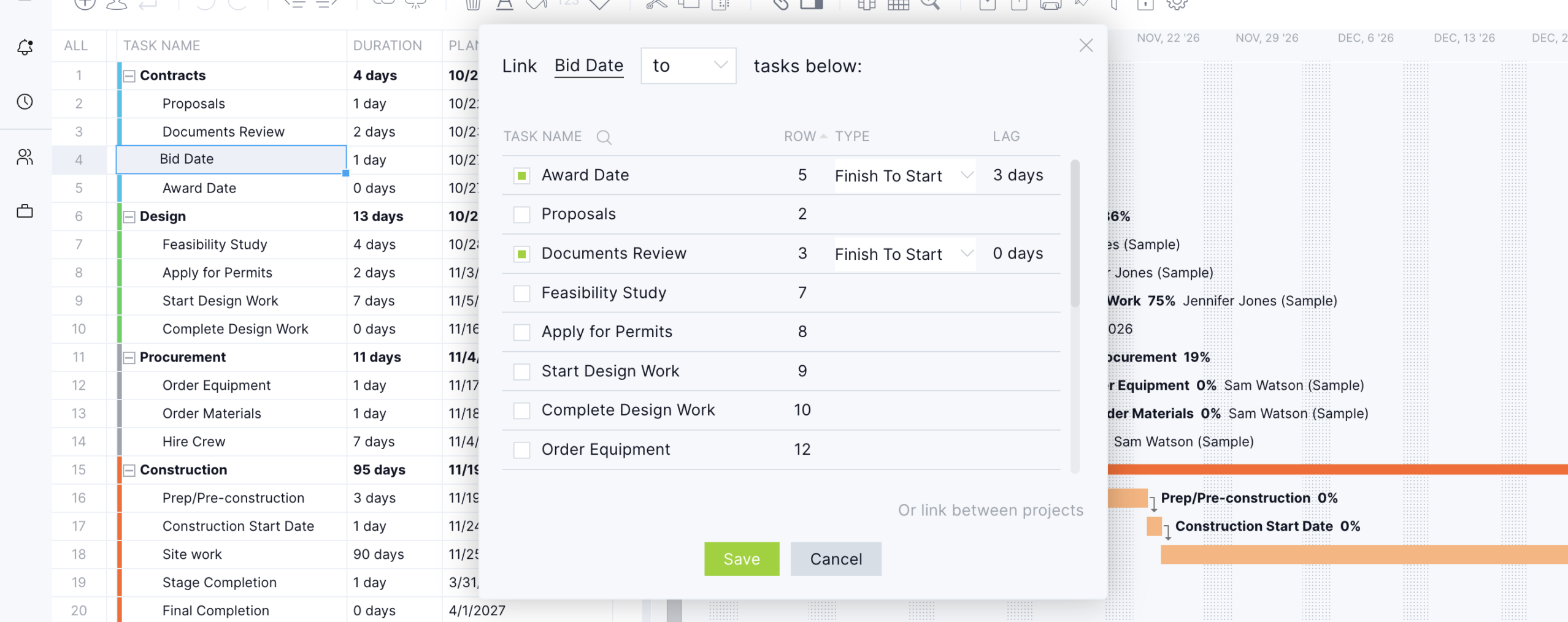 Link Task window in ProjectManager showing finish-to-start dependency with 3 days lag.