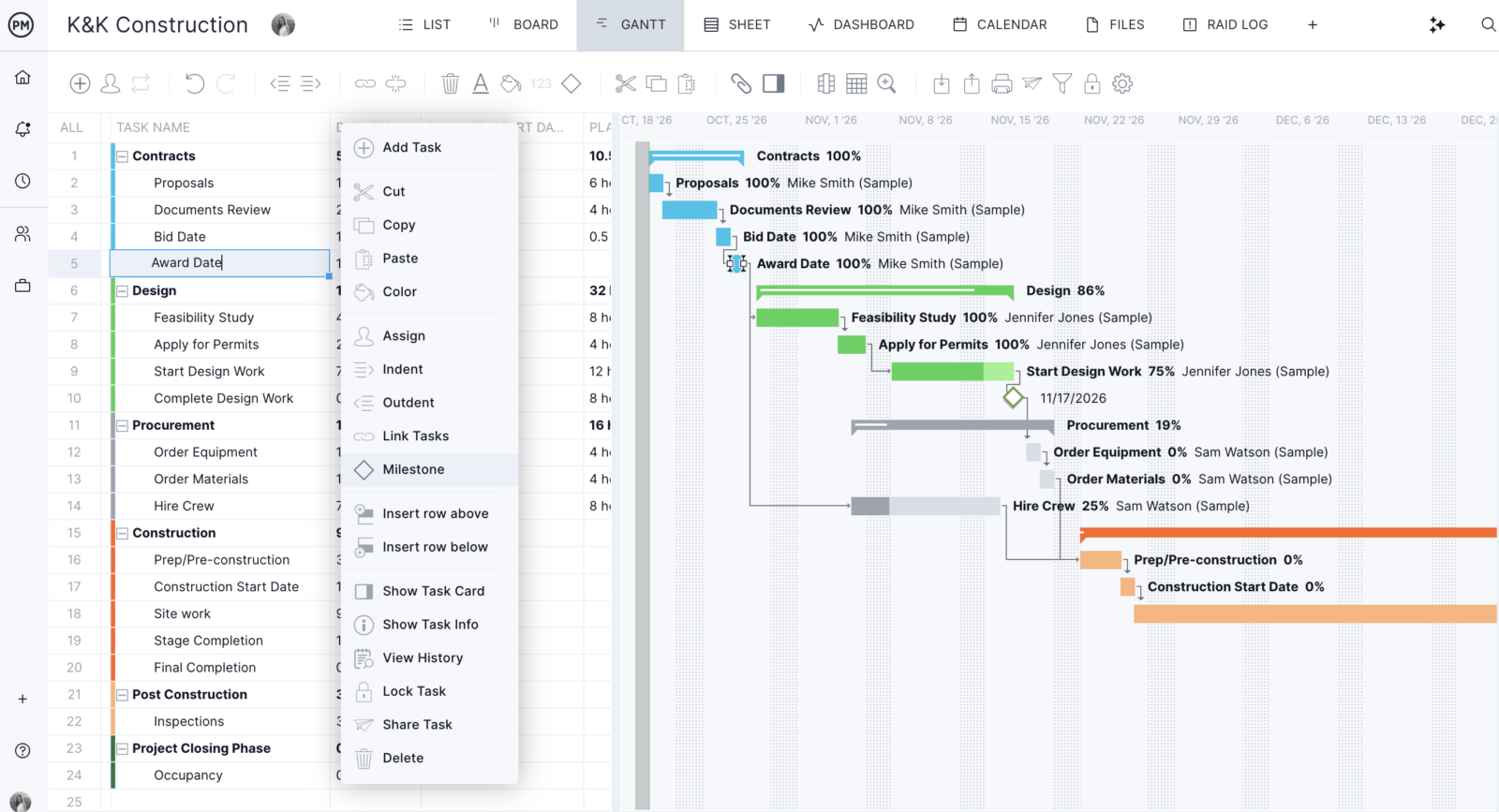 Add milestone to Gantt in ProjectManager, showing menu options