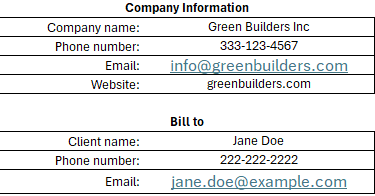 ProjectManager's construction invoice template section showing contact information for contractors and clients