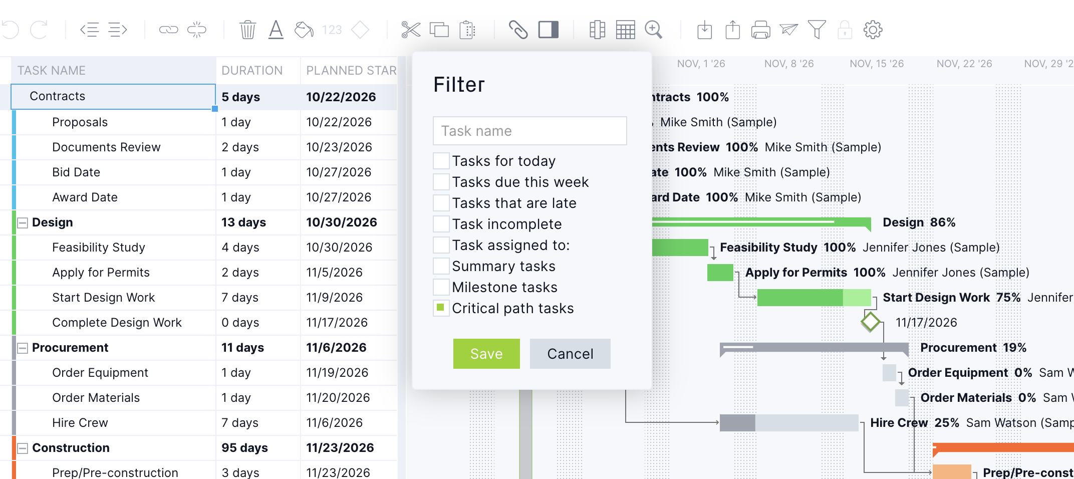 Critical path filter on the Gantt chart, ProjectManager vs. Primavera P6 for construction teams