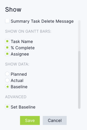 Set a baseline on Gantt using ProjectManager
