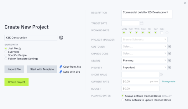 Set project working days in ProjectManager when creating a new project