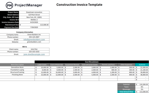 Construction expense tracker, construction invoice template