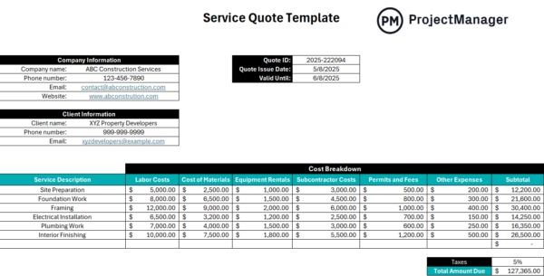service quote template for Excel