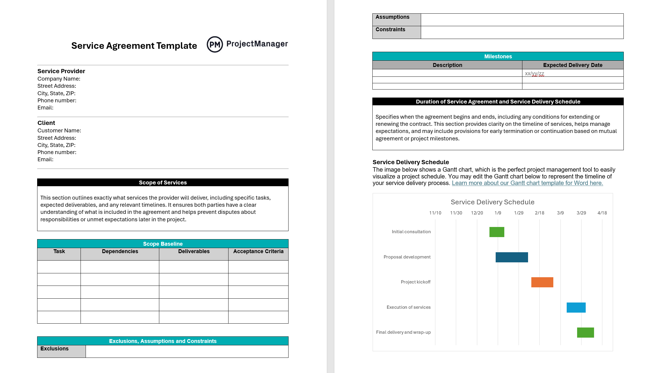 service agreement template for Word ProjectManager