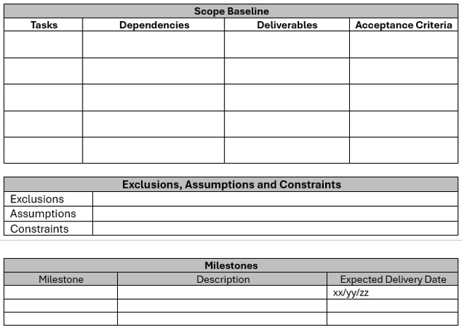 Scope baseline section of business proposal template