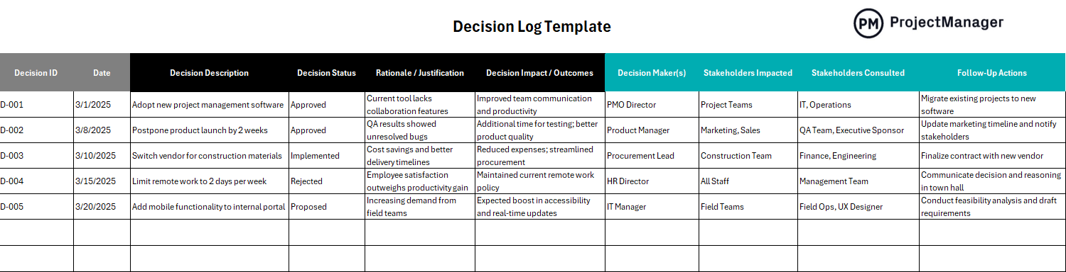 Free decision log template for Excel