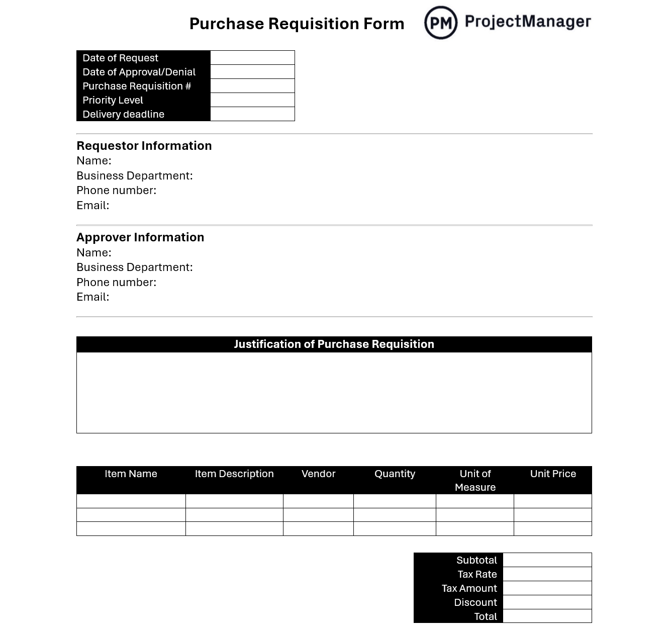 Purchase requisition form for Word