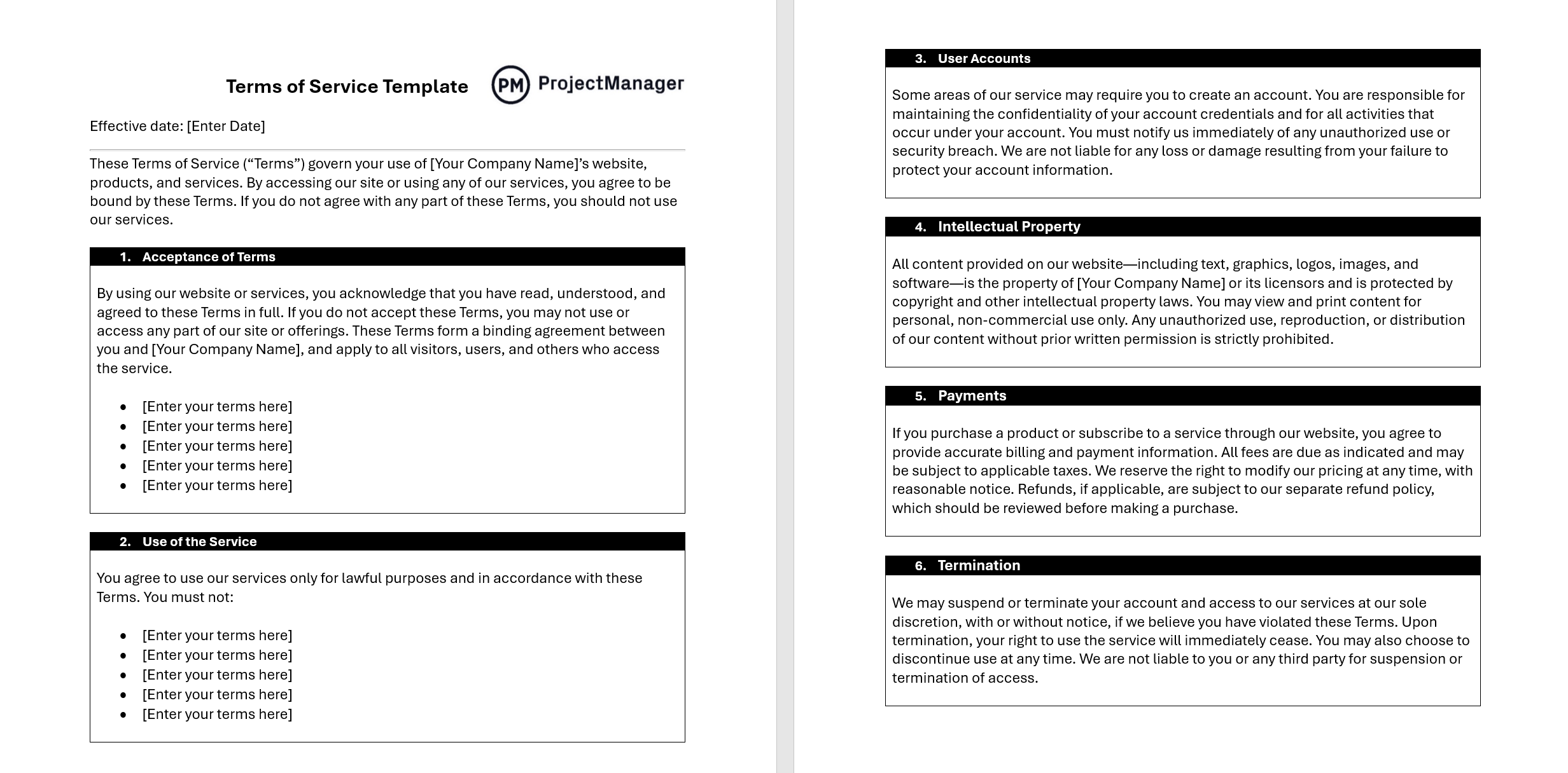 ProjectManager's free terms of service template for Word