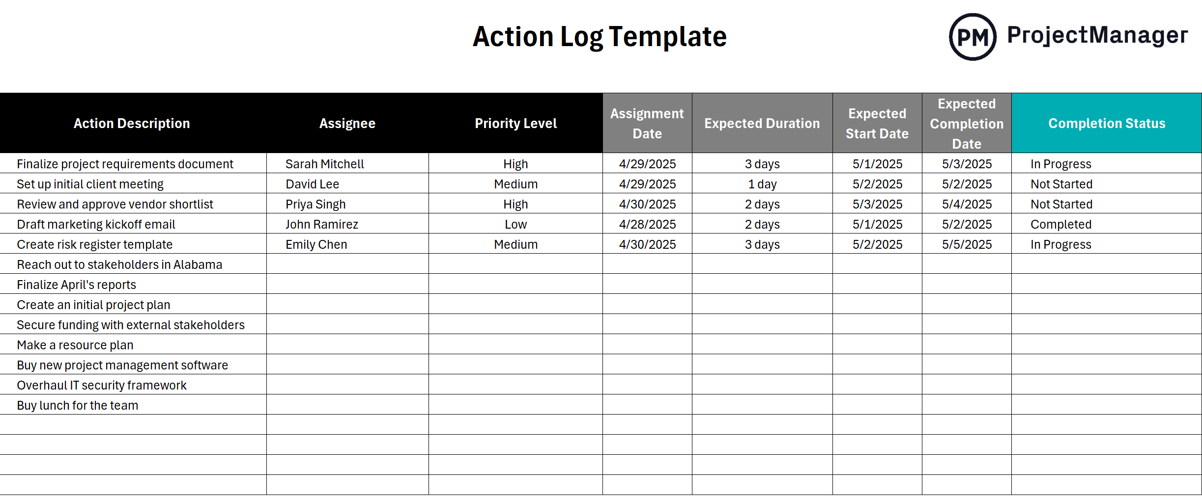 Action log template for Excel