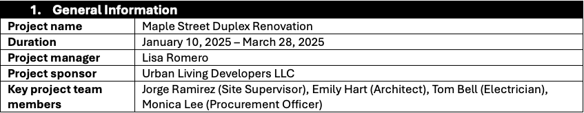 General information section of project retrospective template