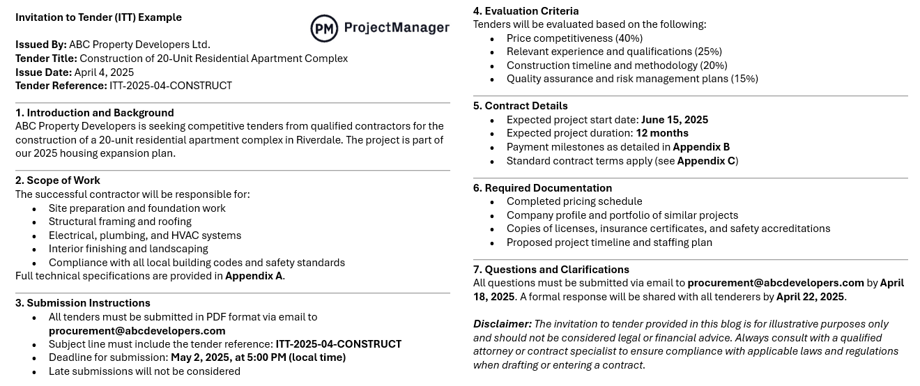 Invitation to tender example by ProjectManager