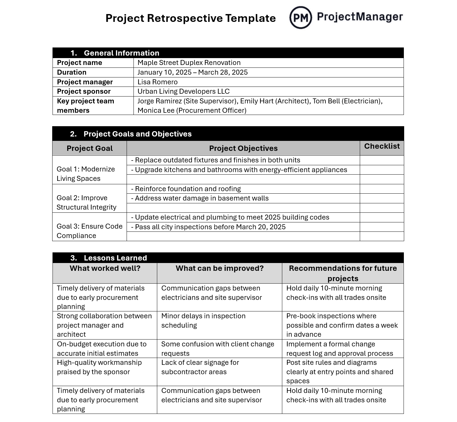 Retrospective template for Word