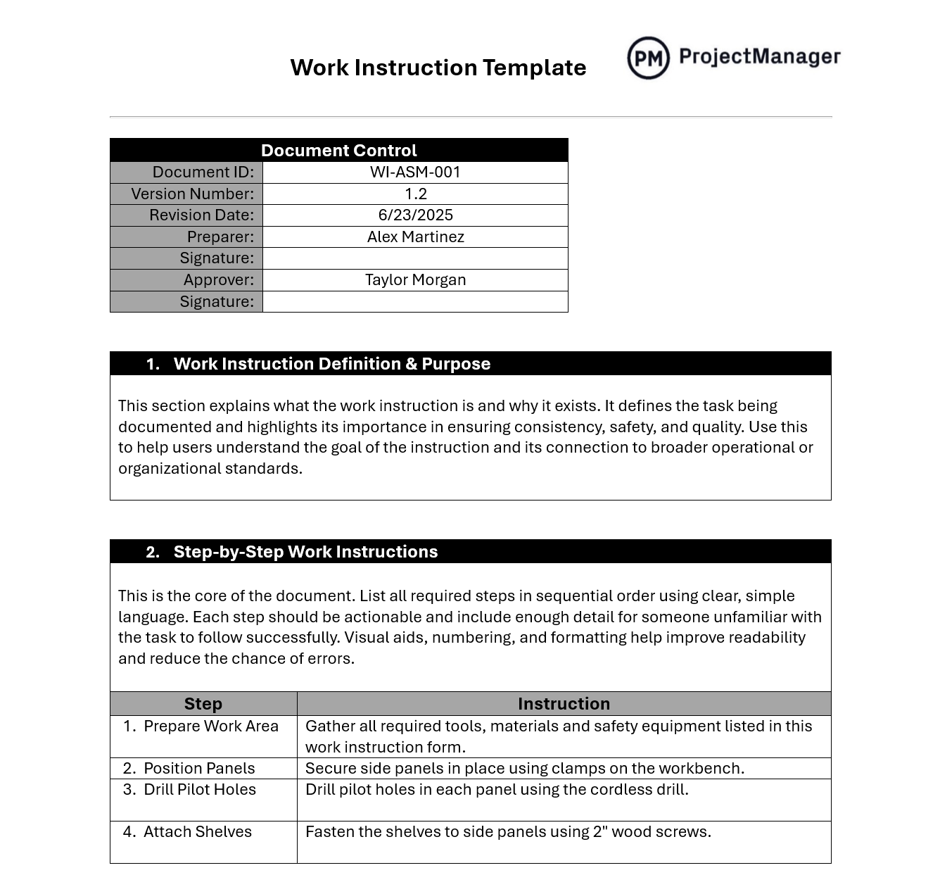 Work instruction template from ProjectManager