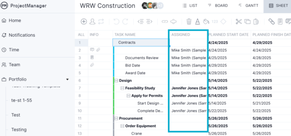 Gantt chart timeline on ProjectManager showing assignments
