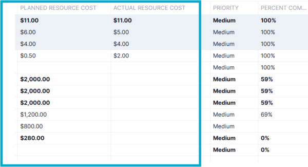 Gantt chart timeline on ProjectManager showing planned and actuarl resource costs