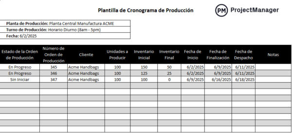 Plantilla de cronograma de producción para Excel