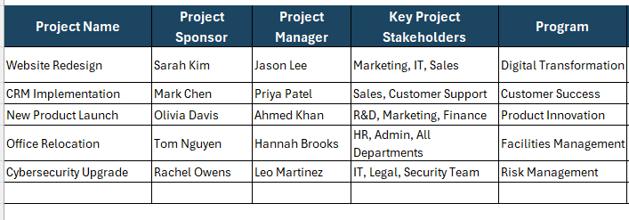 Project portfolio template, project name, sponsor, project manager and key stakeholders
