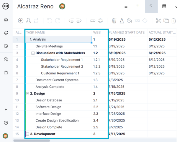 Gantt chart timeline on ProjectManager showing task list with the WBS column exposed