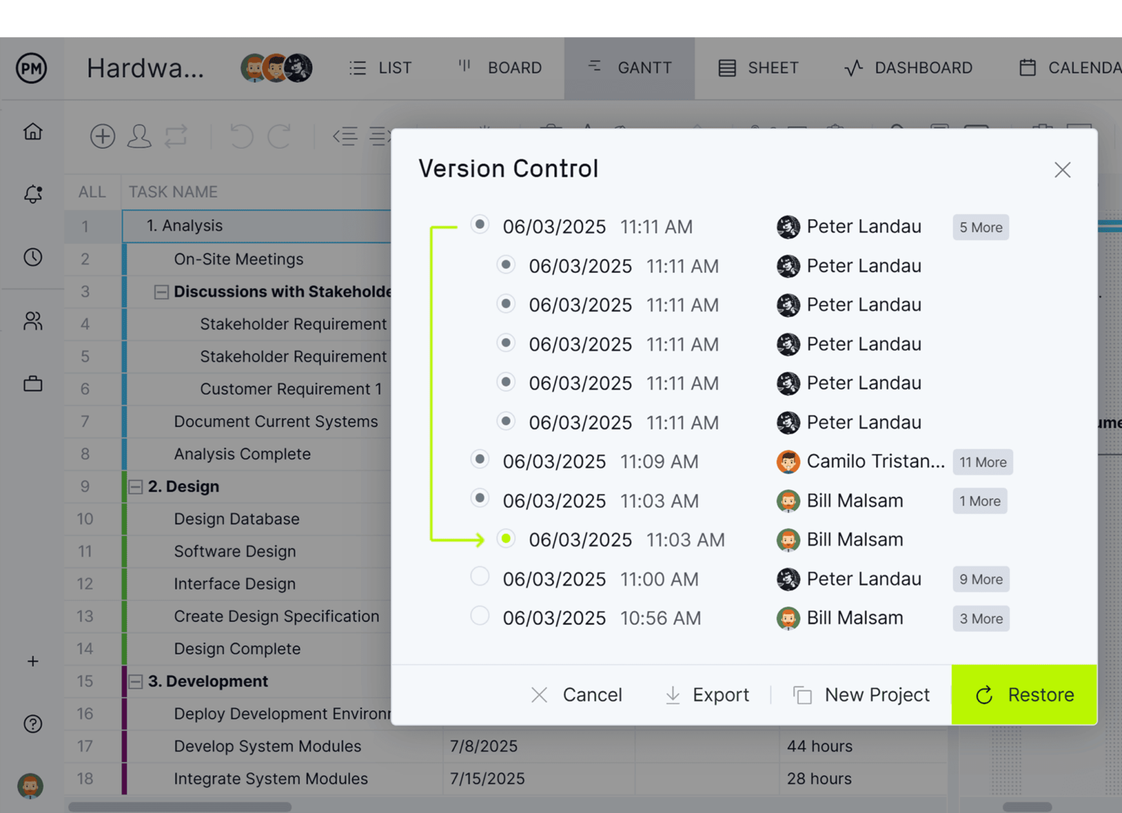 Project version control in ProjectManager
