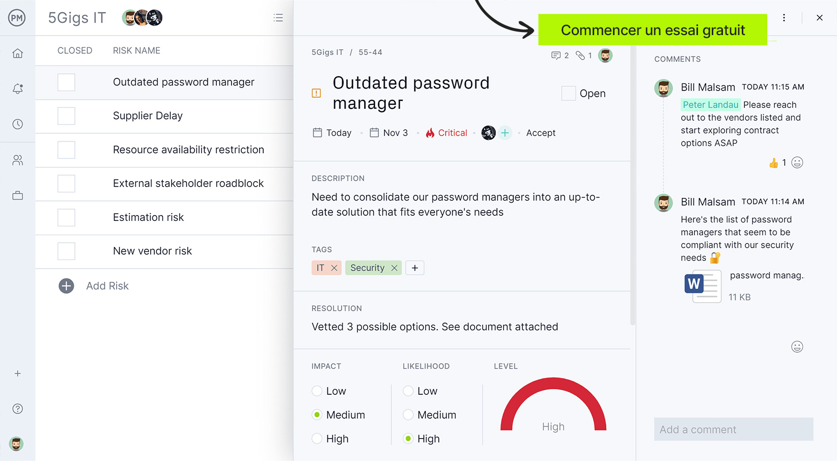 Outil de gestion des risques dans ProjectManager