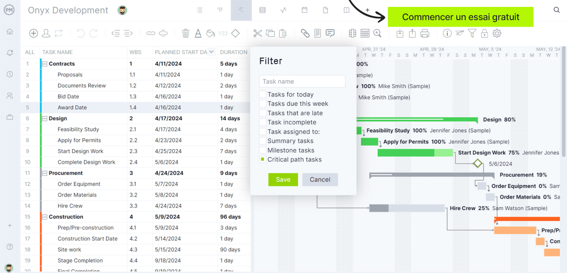 Diagramme de Gantt avec chemin critique ProjectManager