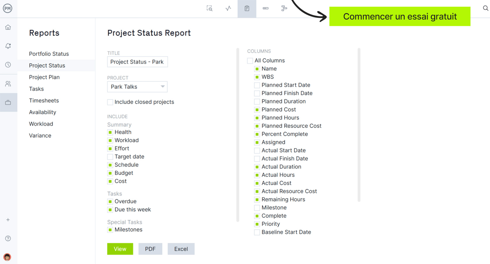 Rapport d’état dans ProjectManager
