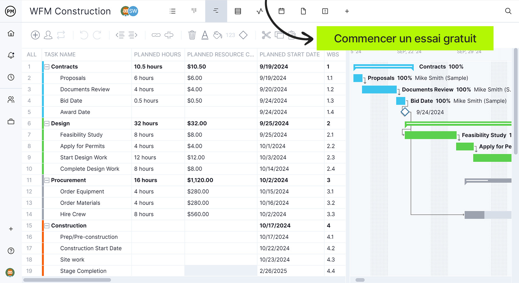 Diagramme de Gantt de ProjectManager pour aider les projets de construction commerciale