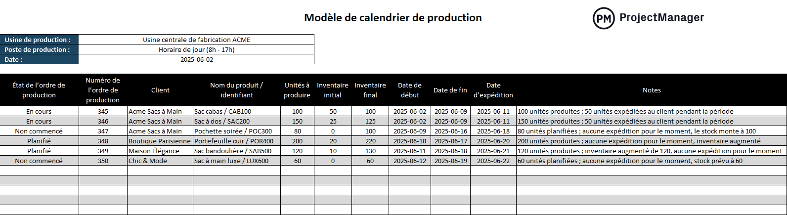Modèle de calendrier de production pour Excel