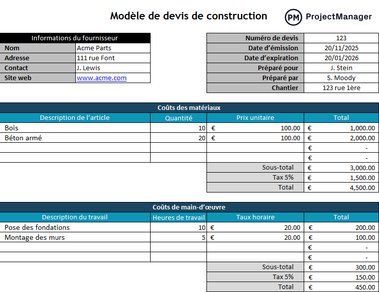 Modèle de devis de construction pour Excel