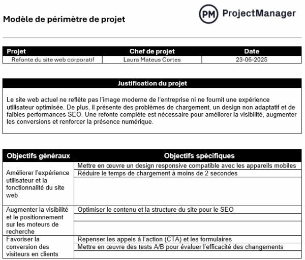 Modèle de portée du projet pour Word