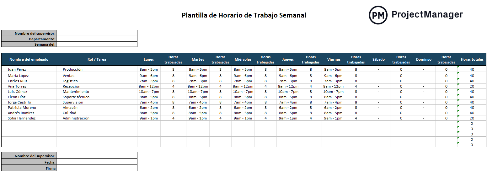 Plantilla de horario de trabajo para Excel