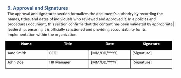 Policies and procedures template, approvals and signatures
