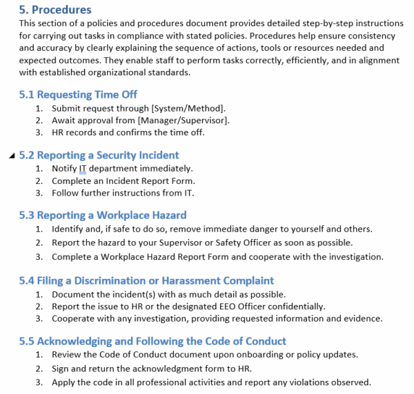 Policies and procedures template, procedures