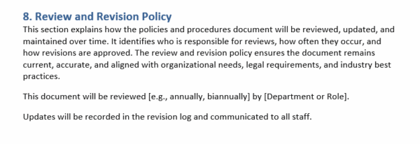 Policies and procedures template, review and revision policy