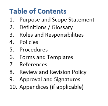 Policies and procedures template, TOC